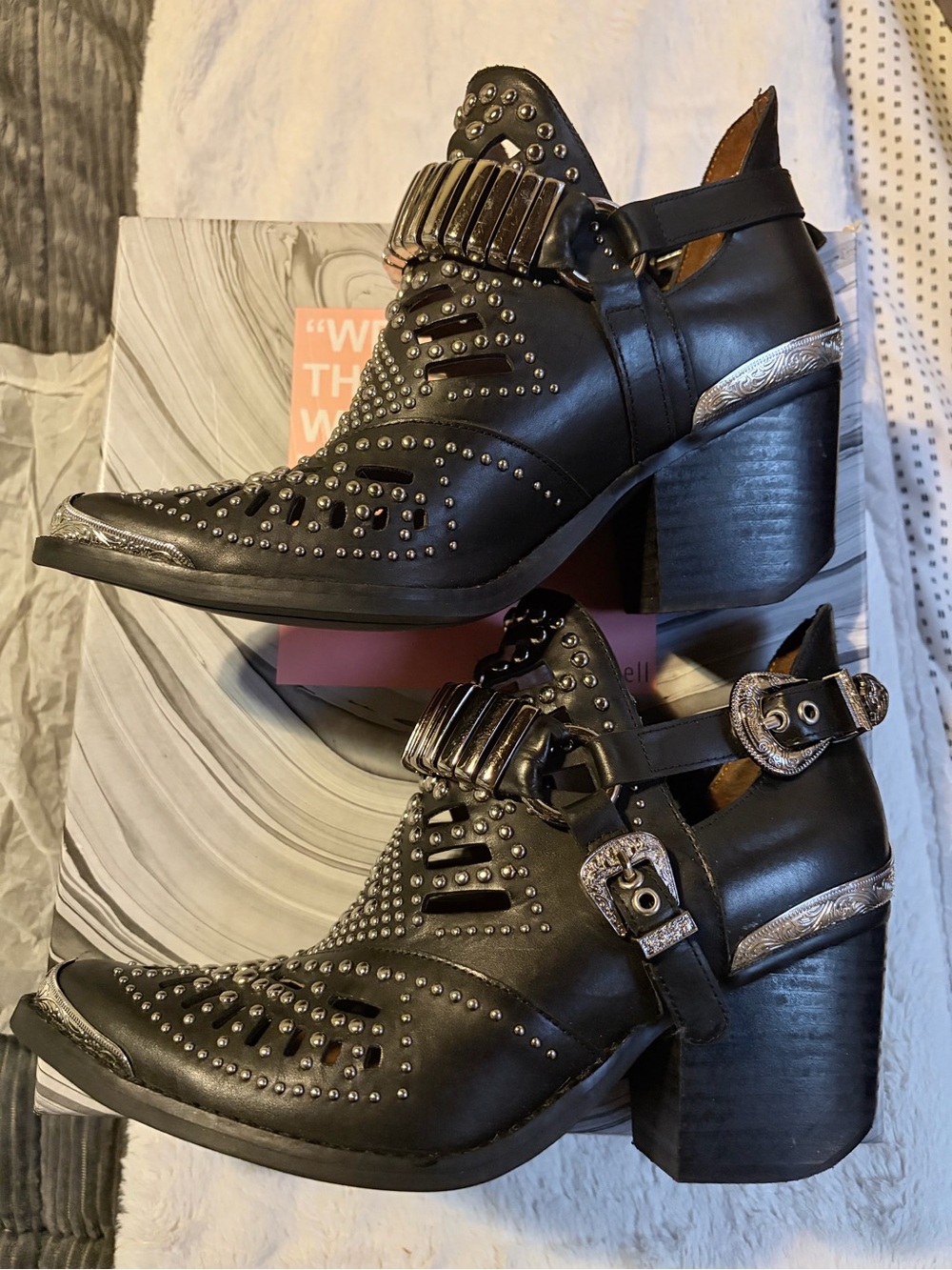 Studded Black Leather Western Cutout Heels